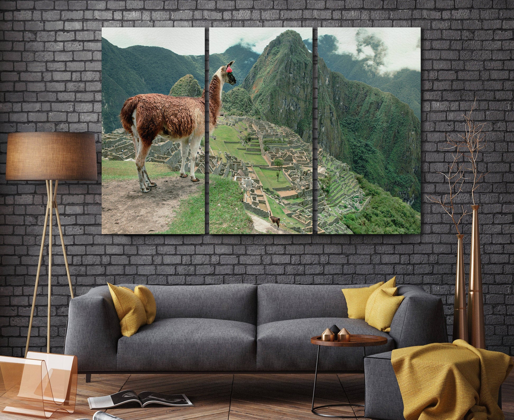Machu Picchu Alpaca 3 Panel Framed Canvas Leather Print