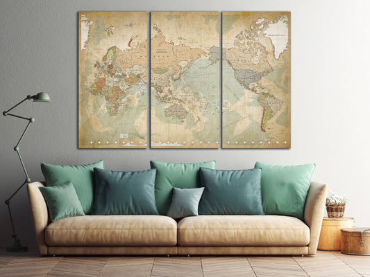 Push Pin Map of the World Africa on Left Framed Canvas Leather Print