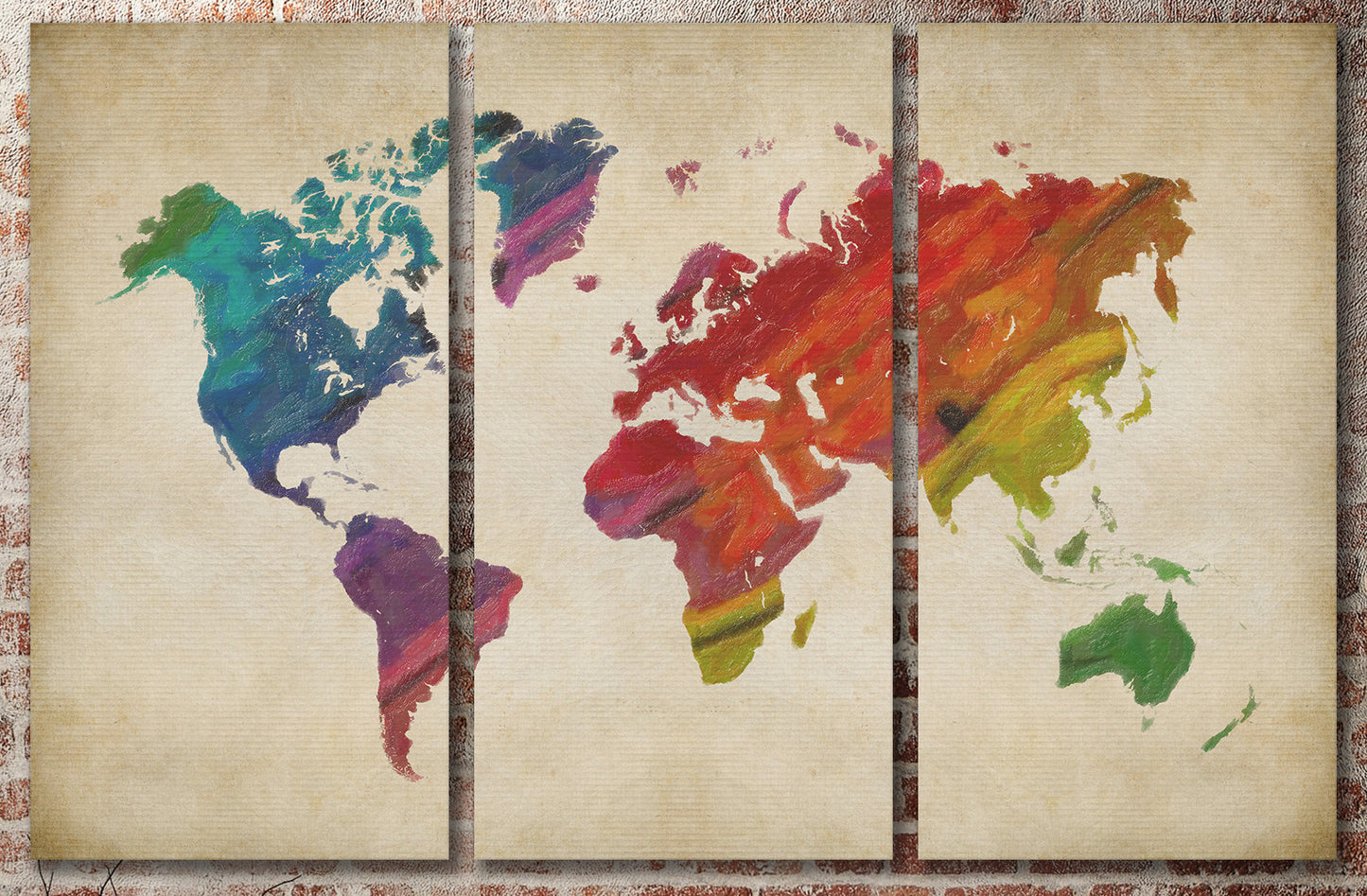 Rainbow World Map on beige background framed canvas leather print