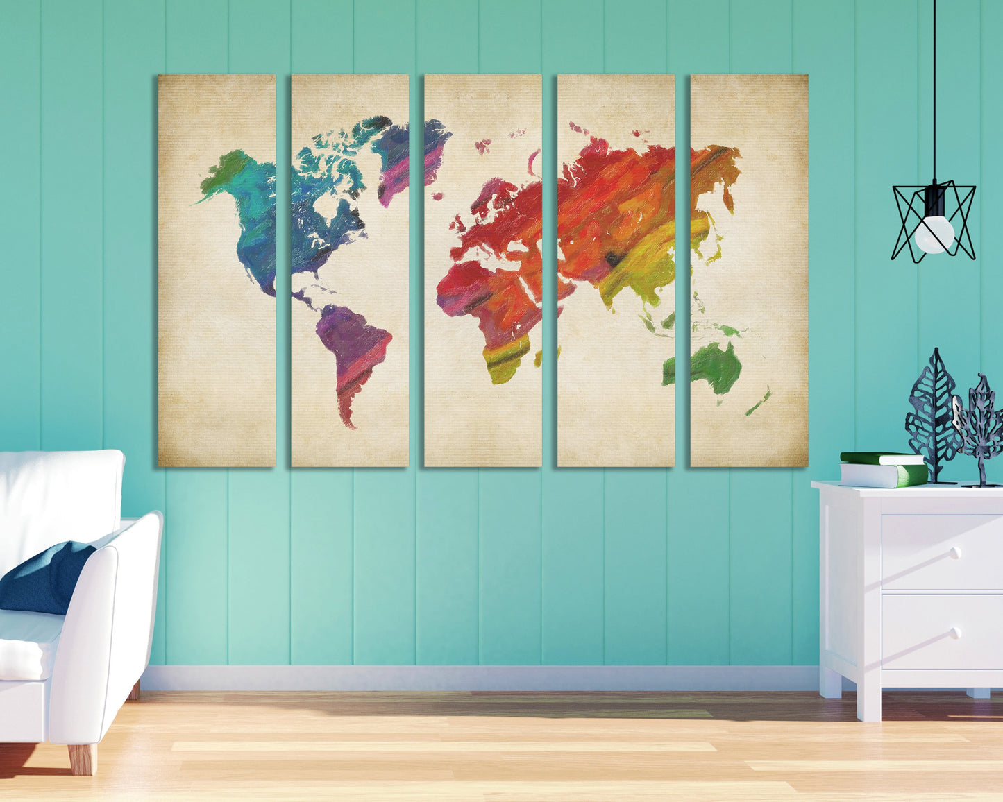 Rainbow World Map on beige background framed canvas leather print