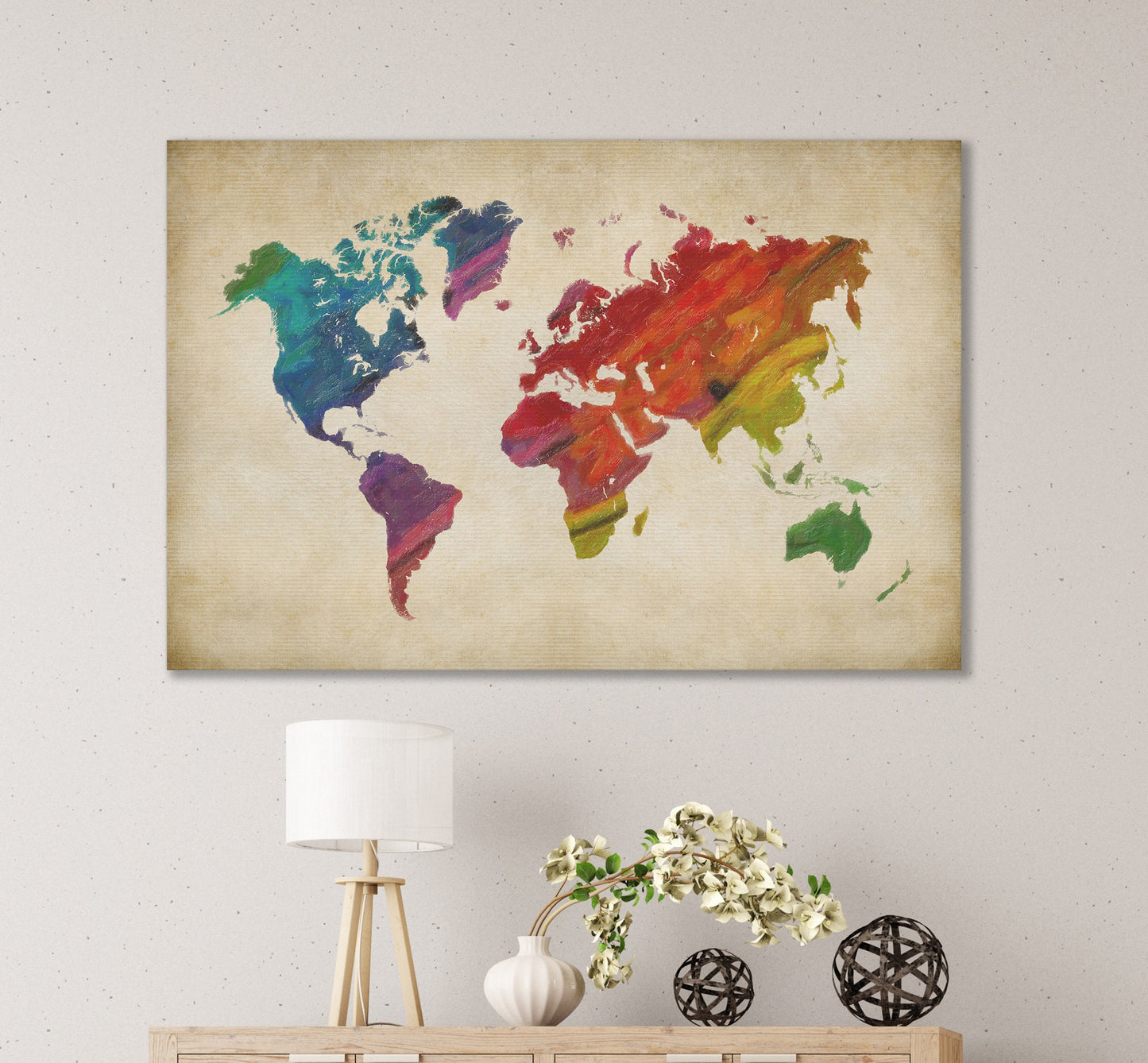 Rainbow World Map on beige background framed canvas leather print