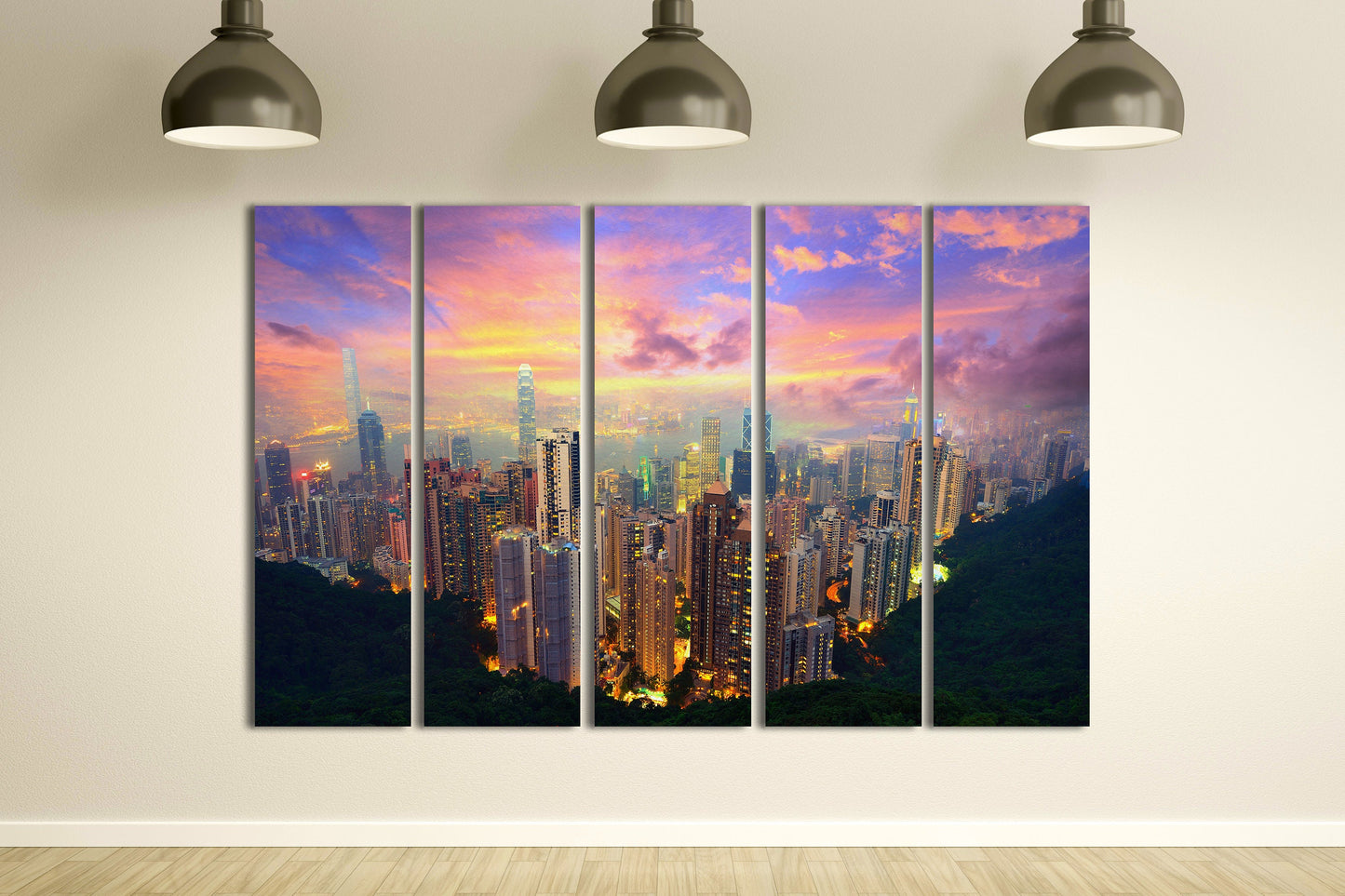 Electric Hong Kong Skyline PETA Approved Faux Leather Canvas Wall Art