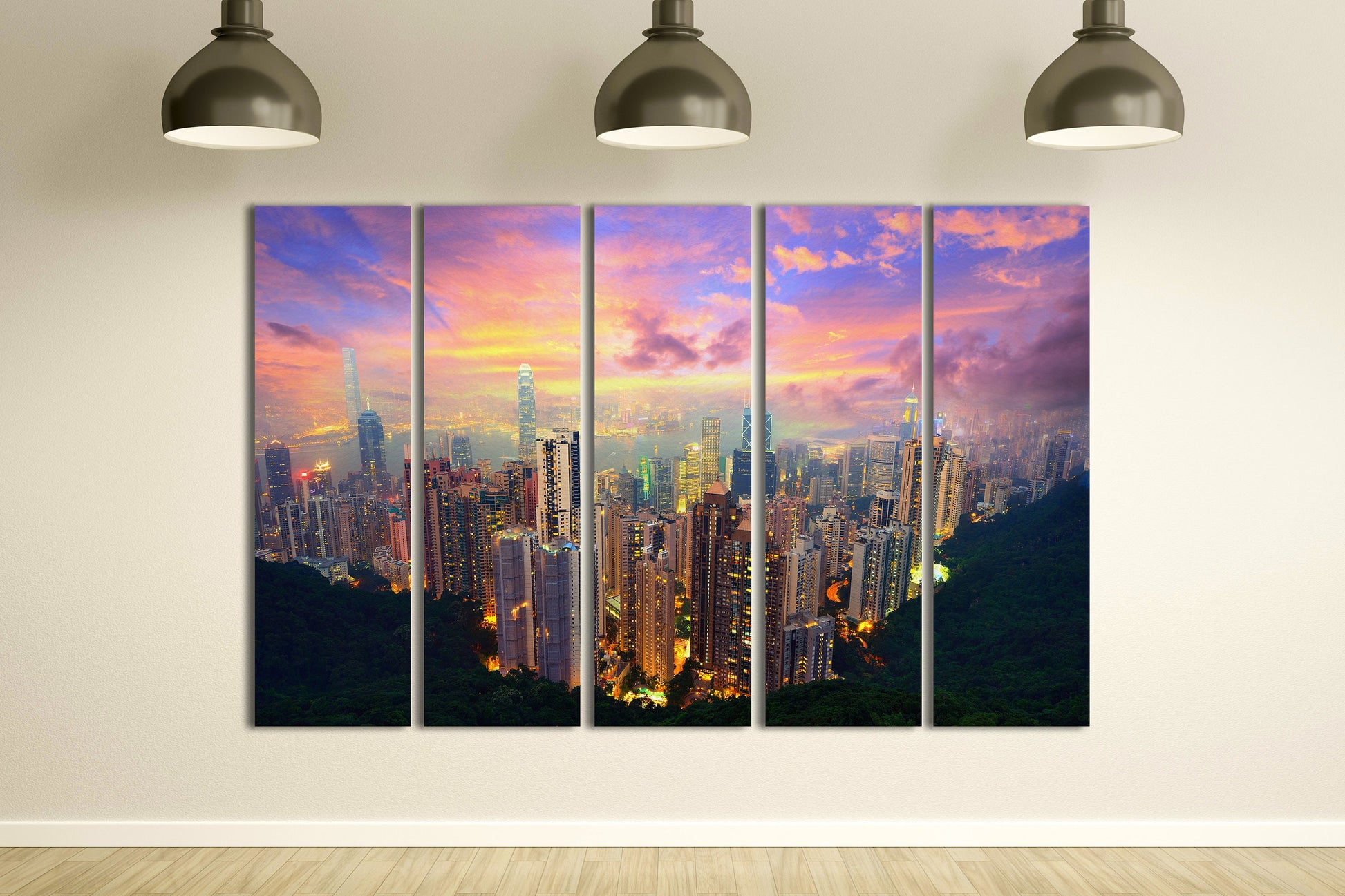 Electric Hong Kong Skyline PETA Approved Faux Leather Canvas Wall Art