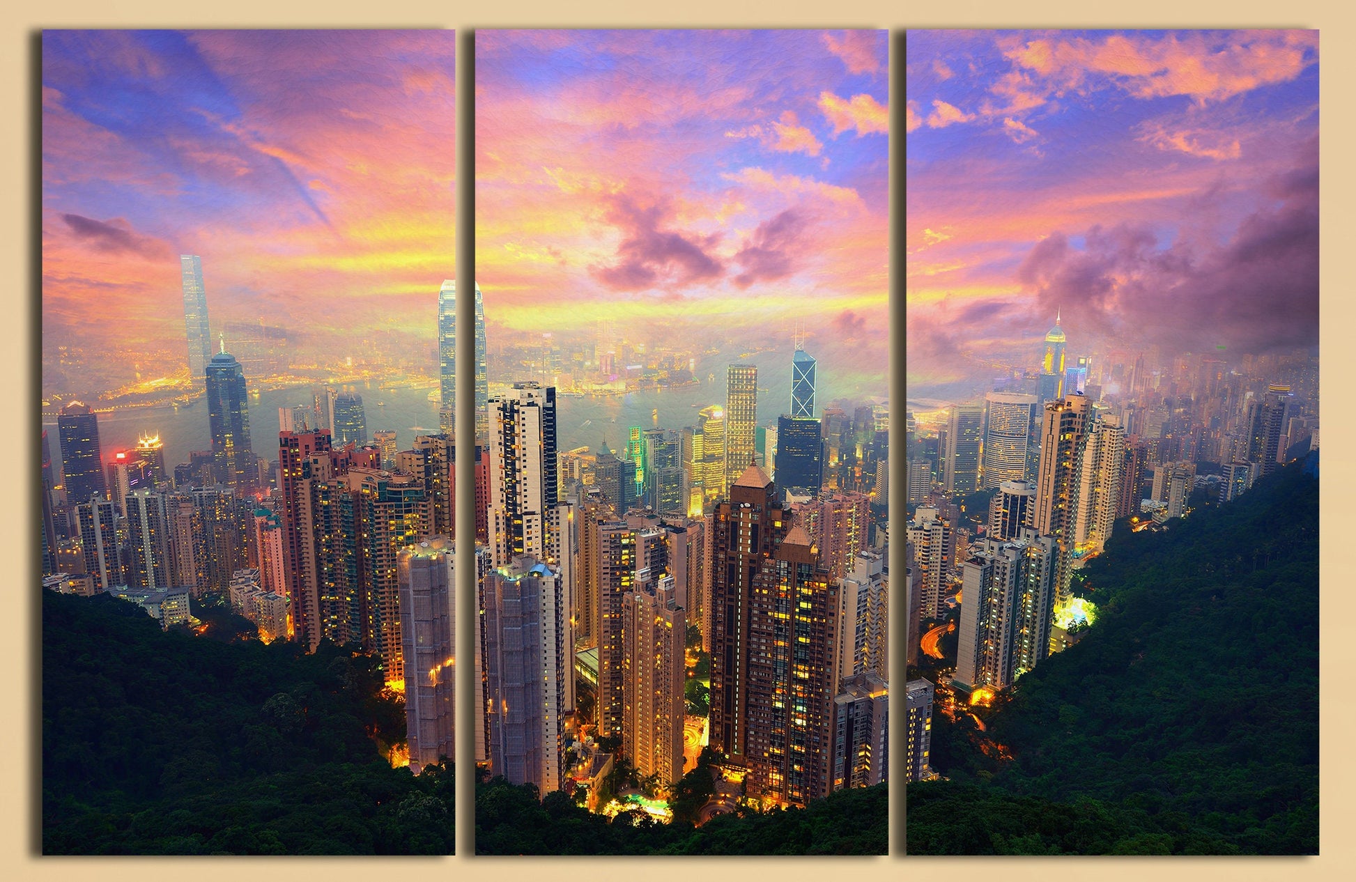Electric Hong Kong Skyline PETA Approved Faux Leather Canvas Wall Art