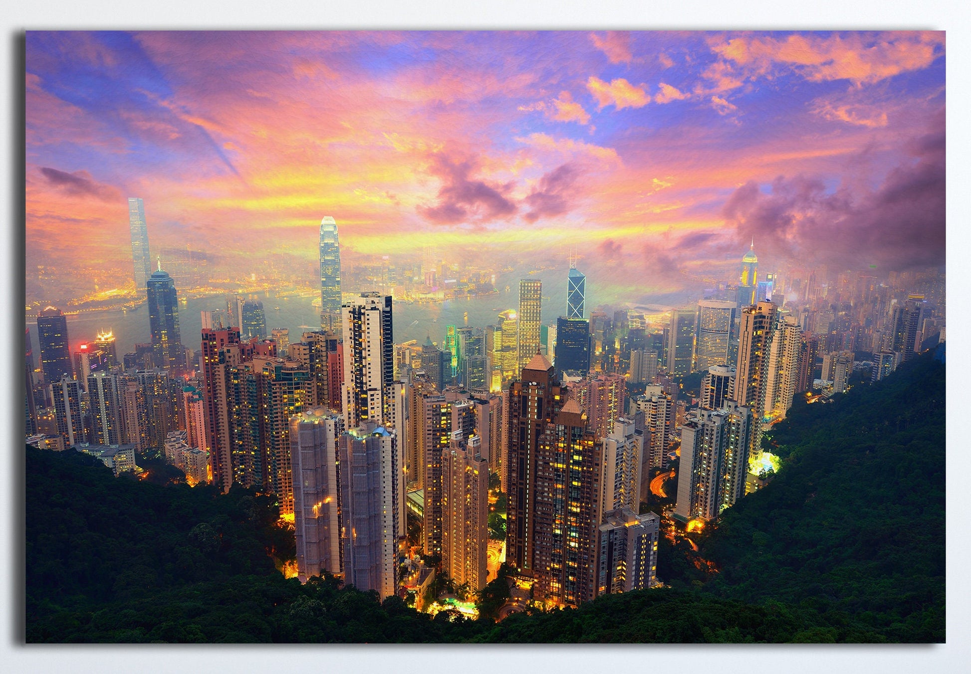 Electric Hong Kong Skyline PETA Approved Faux Leather Canvas Wall Art