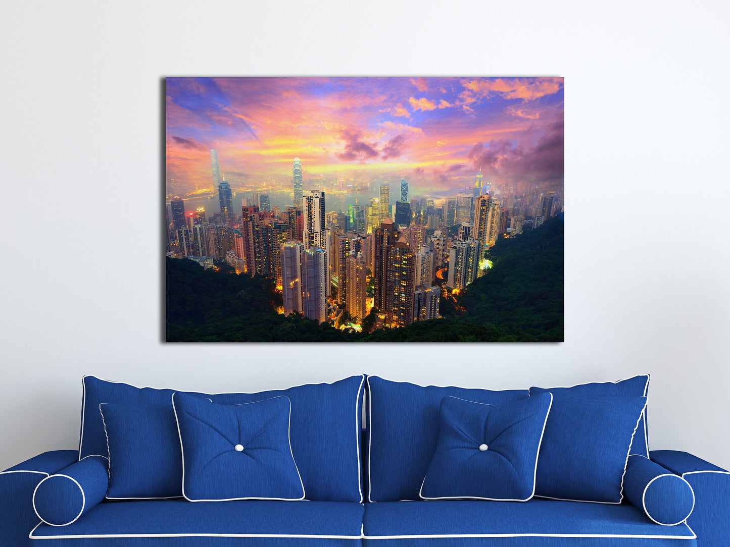 Electric Hong Kong Skyline PETA Approved Faux Leather Canvas Wall Art