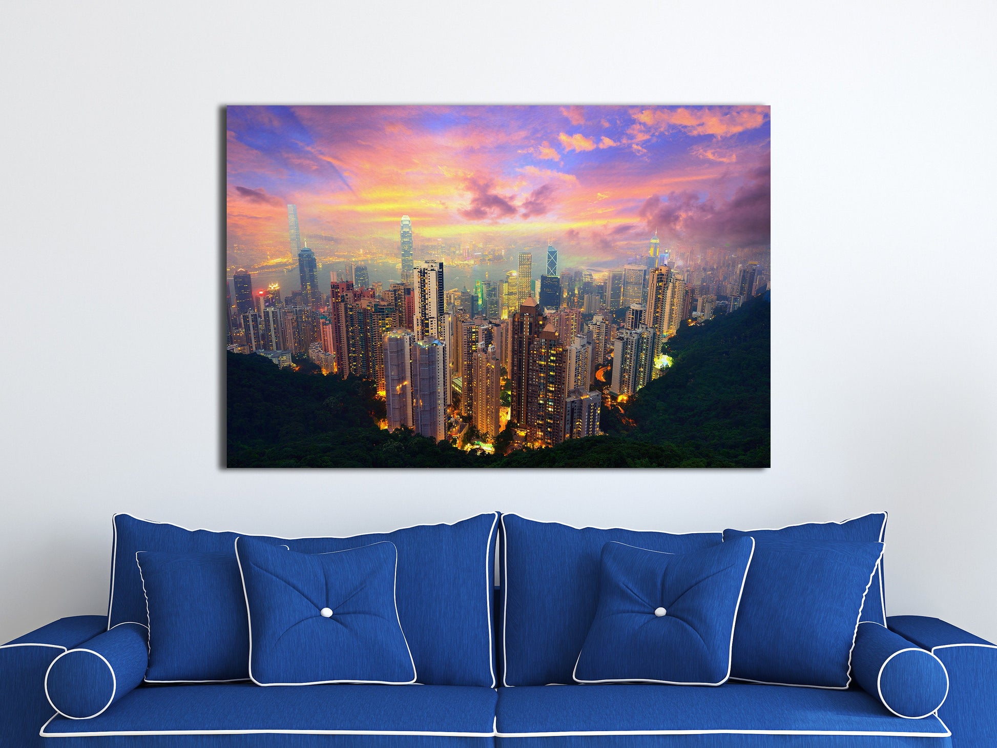 Electric Hong Kong Skyline PETA Approved Faux Leather Canvas Wall Art