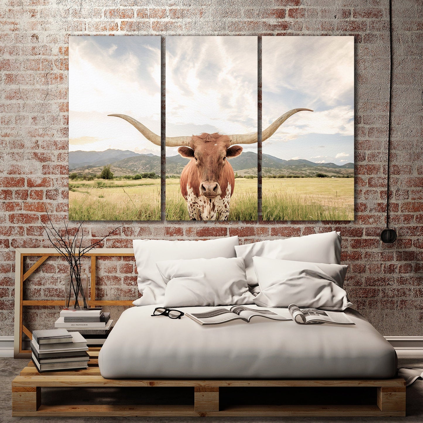 Texas Longhorn Steer Soft Tones Triptych Canvas Eco Leather Print Brick Wall