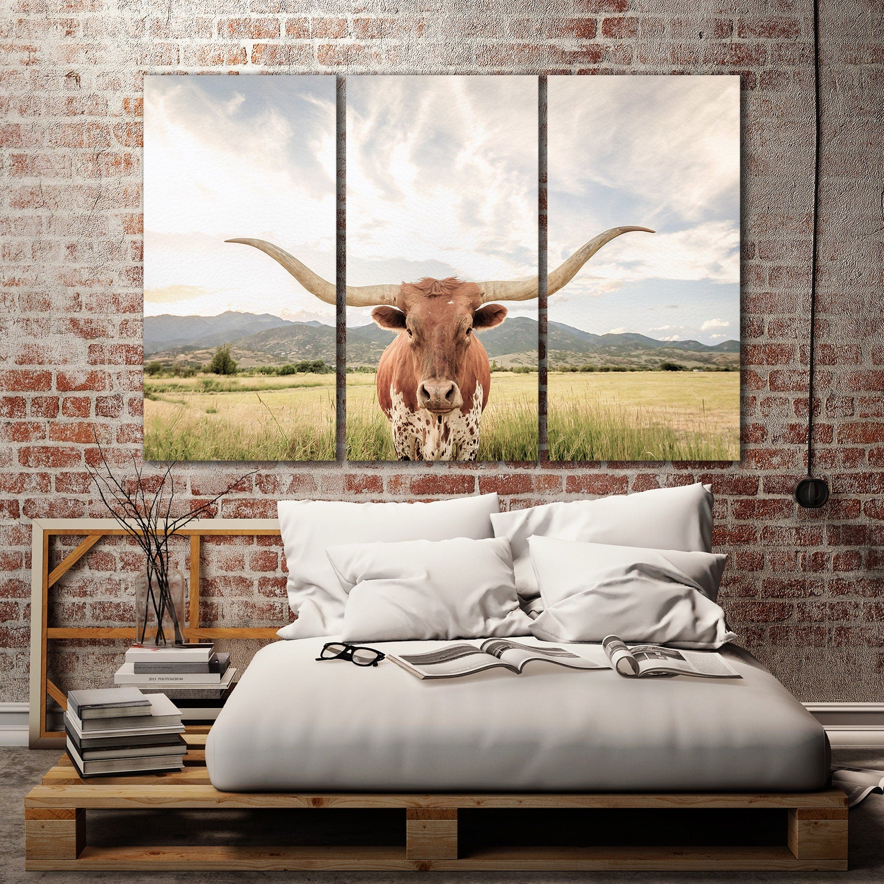 Texas Longhorn Steer Soft Tones Triptych Canvas Eco Leather Print Brick Wall