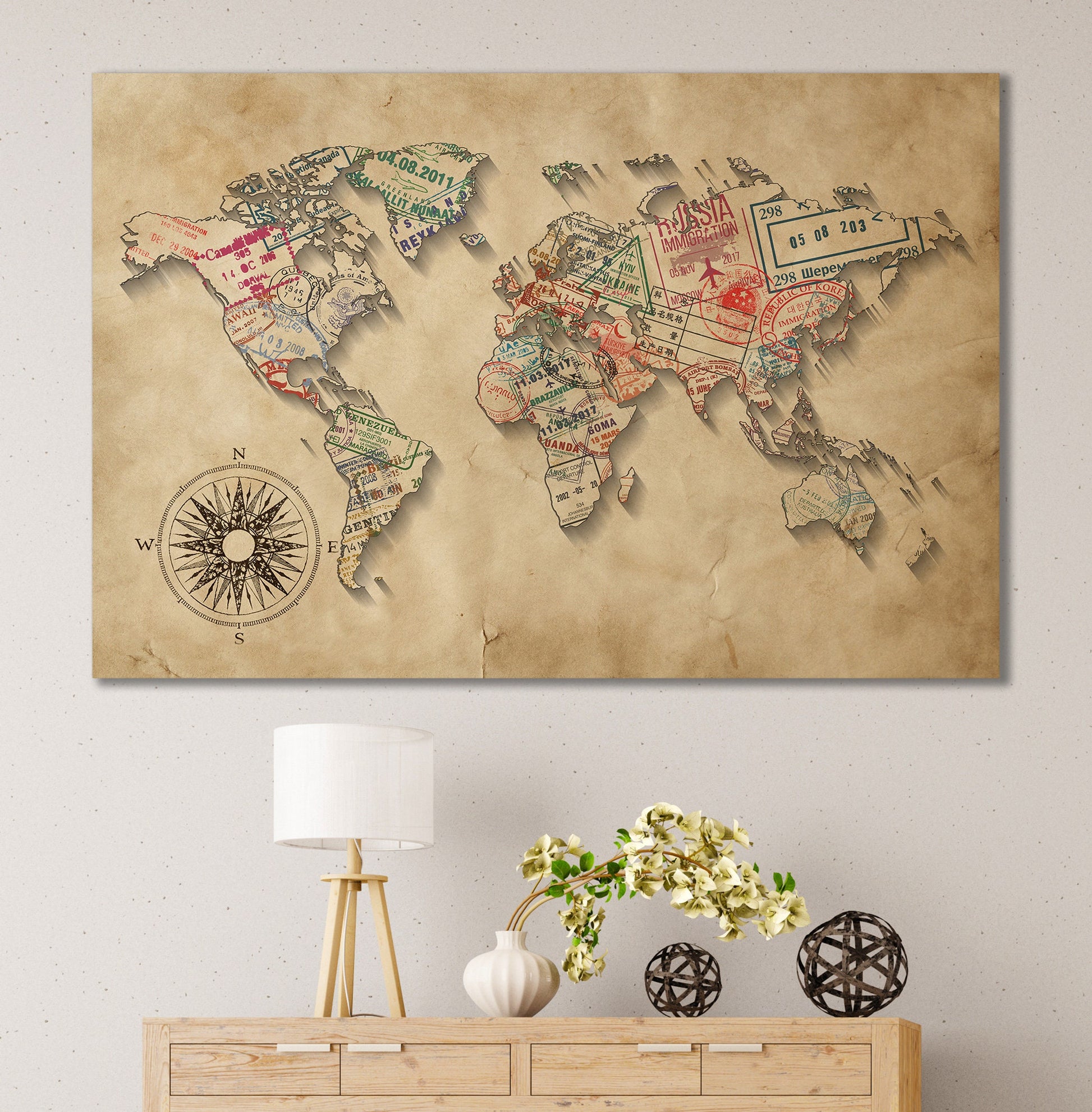 Passport Stamps World Map Leather Print
