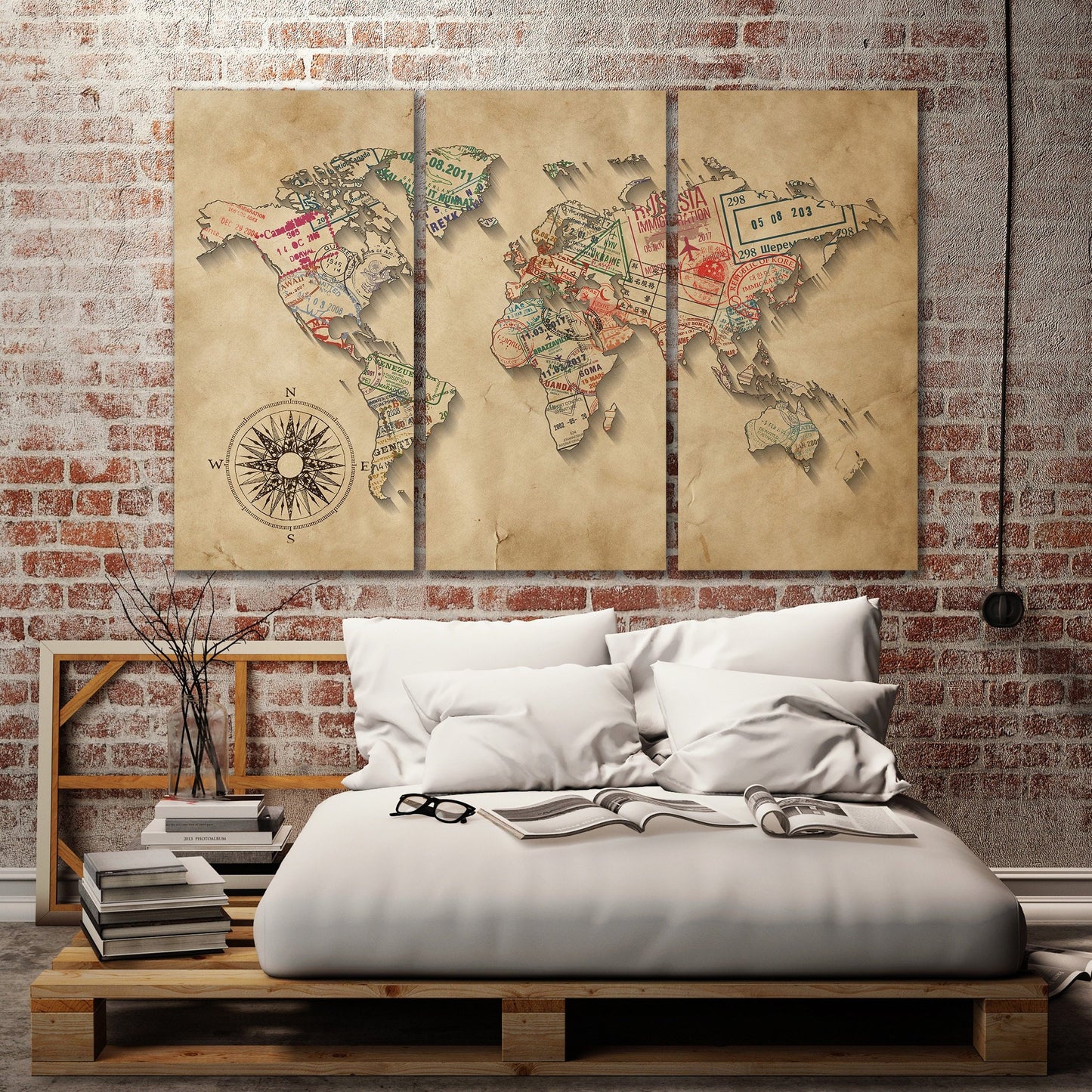 Passport Stamps World Map Leather Print