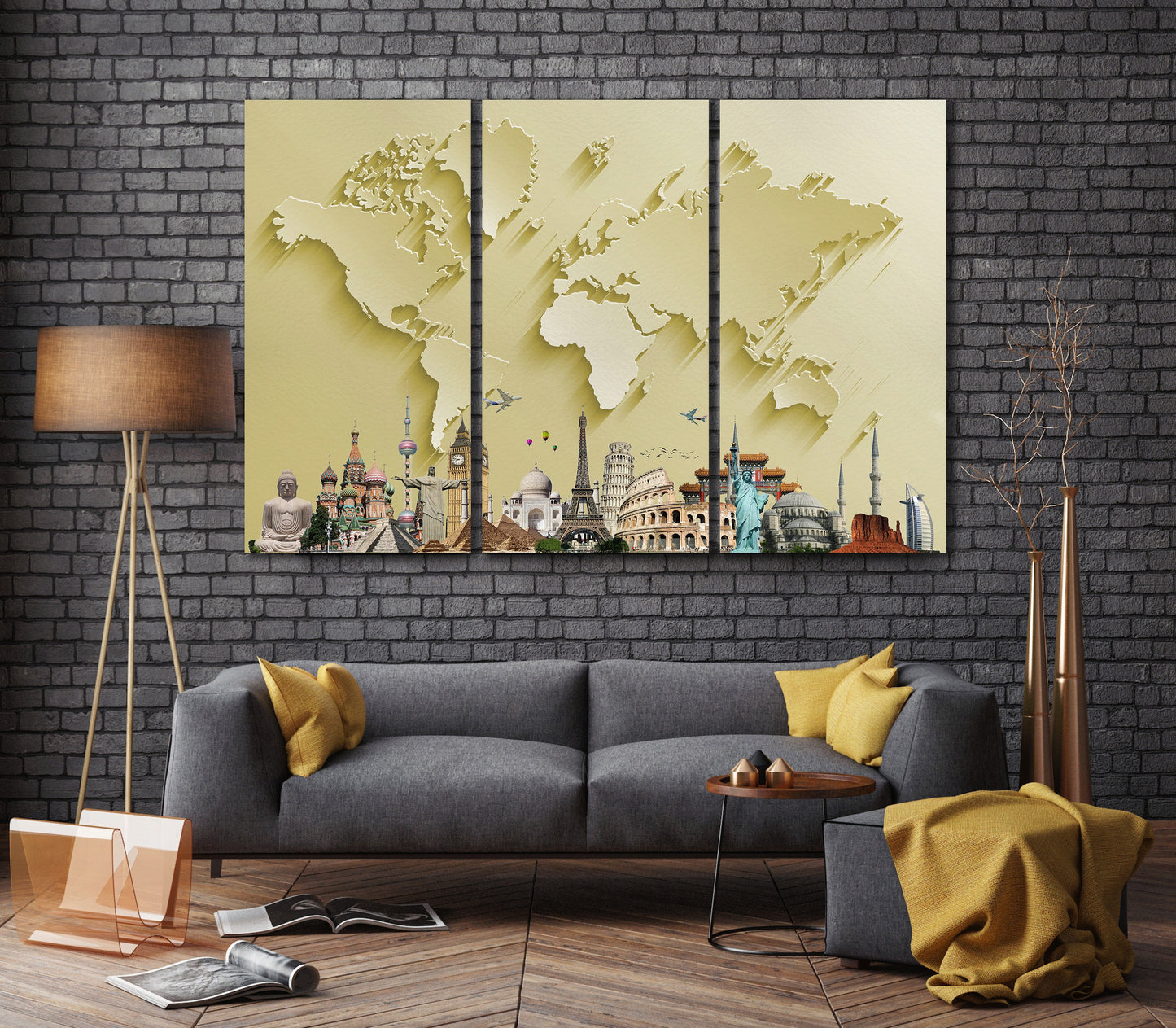 Gold World Map With Monuments Framed Canvas Leather Print