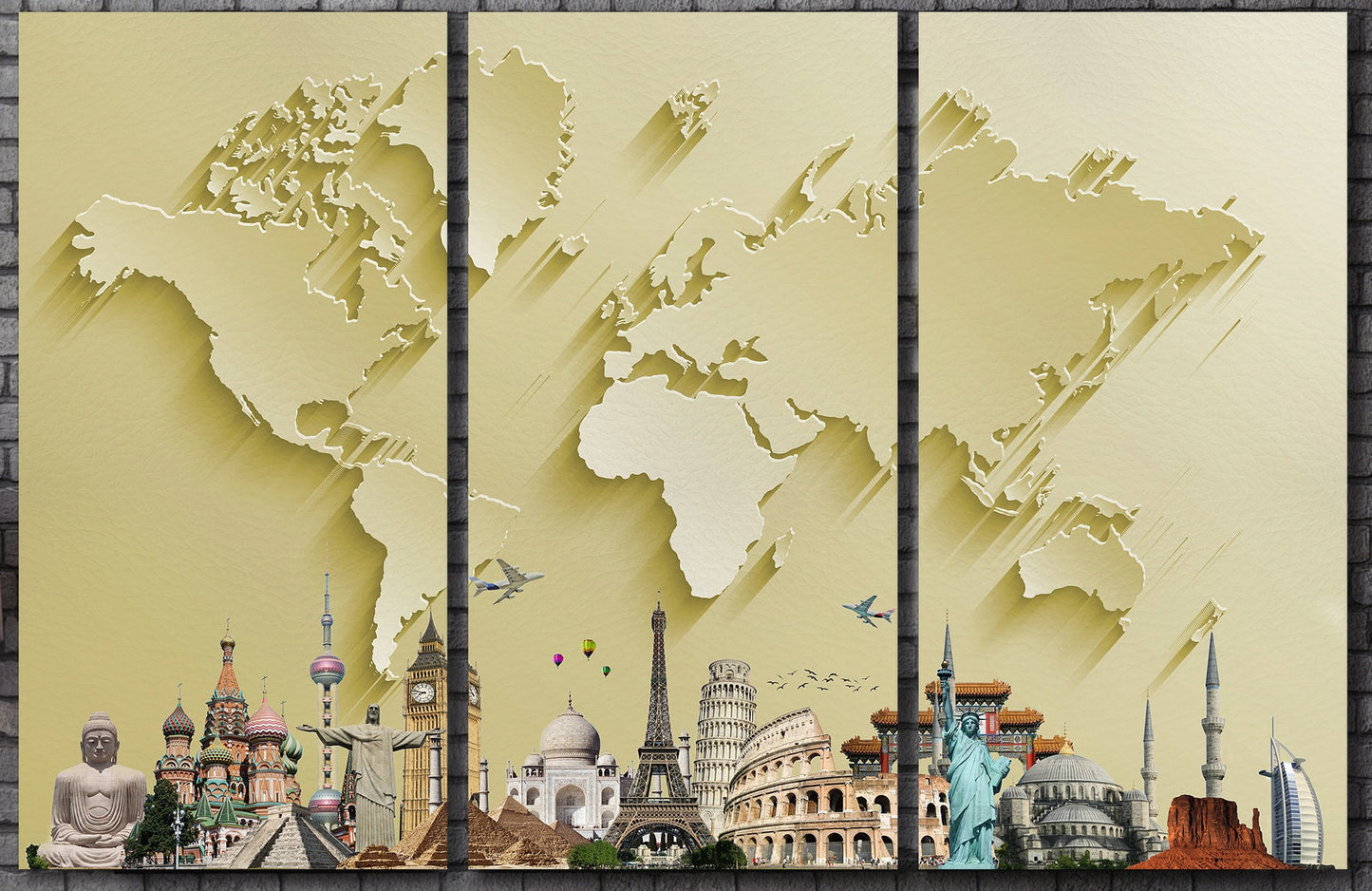 Gold World Map With Monuments Framed Canvas Leather Print