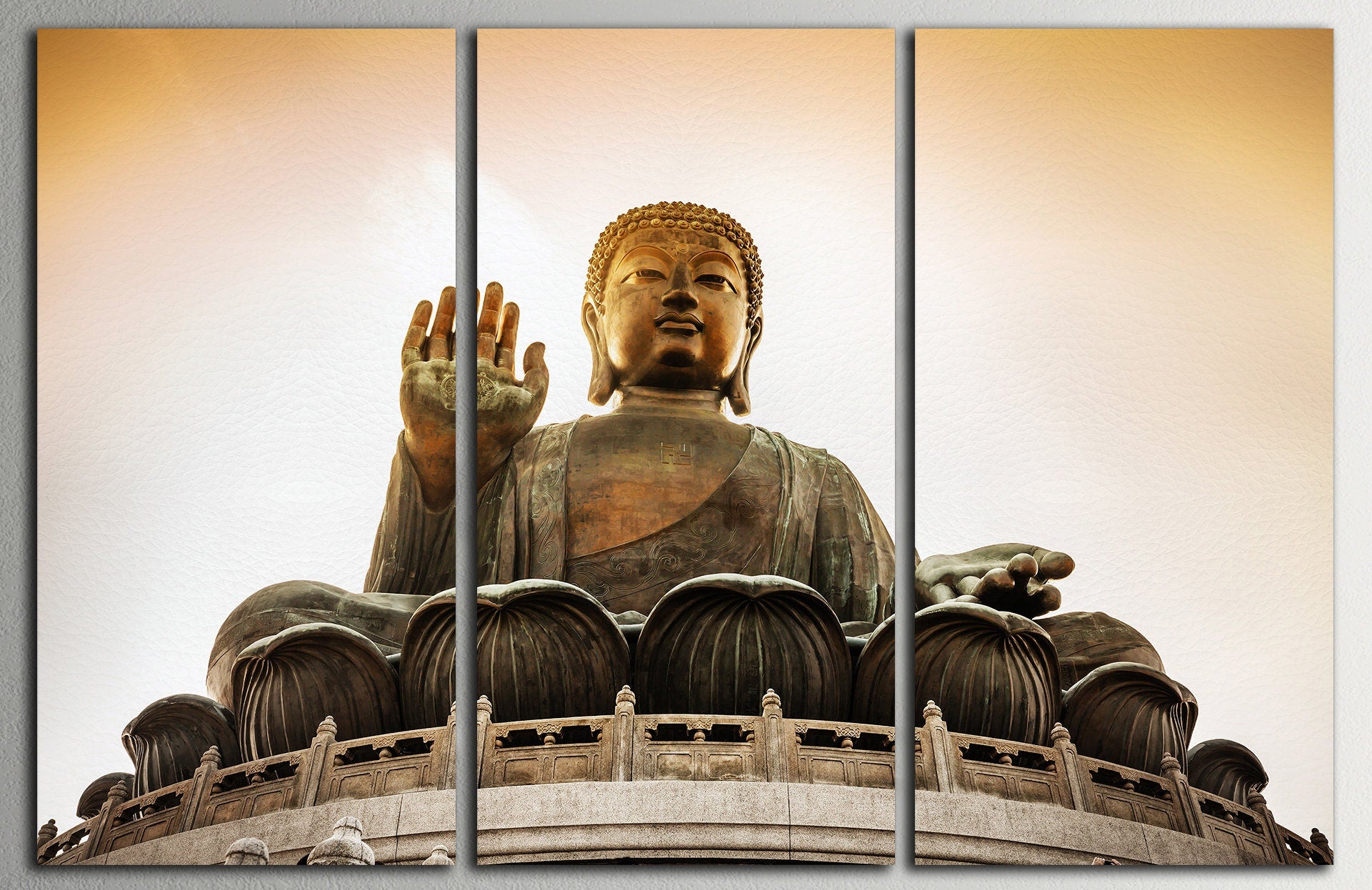 Tian Tan Buddha at Po Lin Monastery in Hong Kong Framed Canvas Leather Print