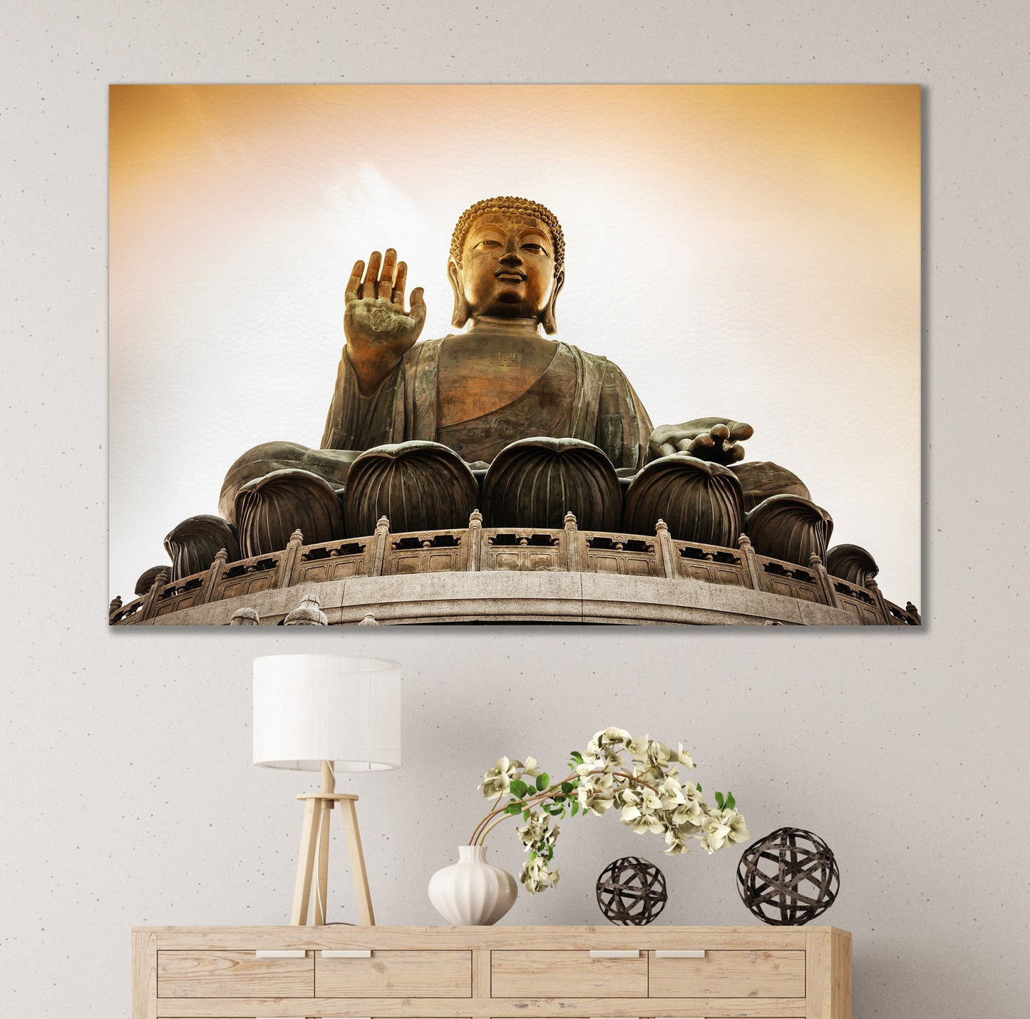 Tian Tan Buddha at Po Lin Monastery in Hong Kong Framed Canvas Leather Print