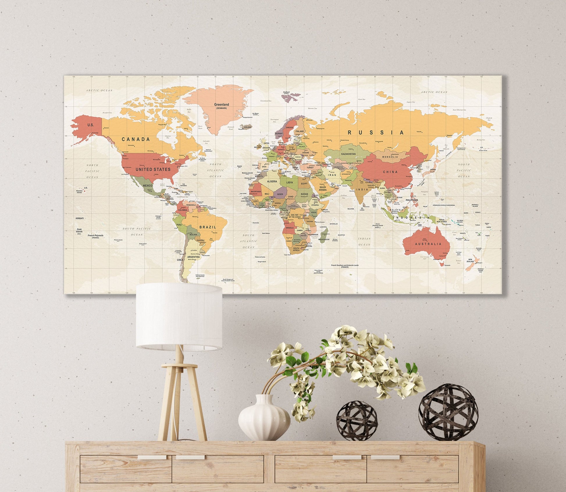 Detailed nations and borders world map wall art canvas print