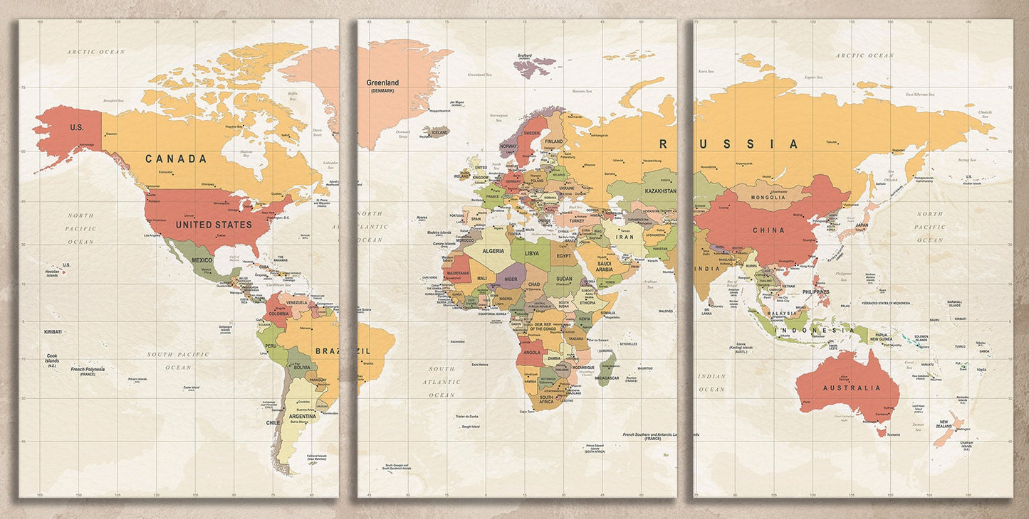 Detailed nations and borders world map wall art 3 panels