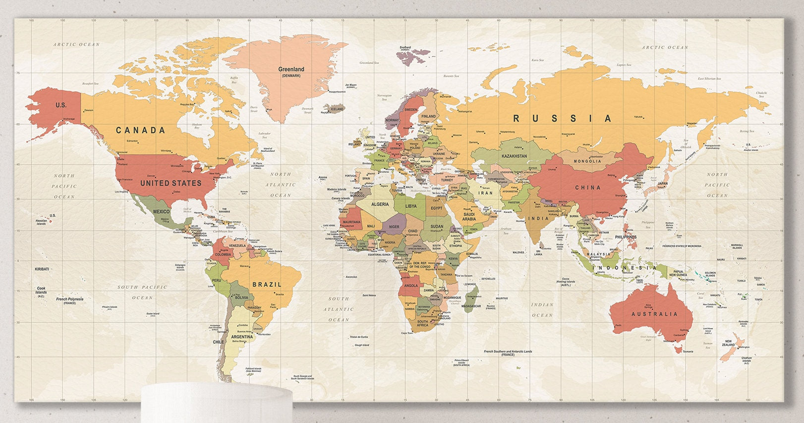 Detailed nations and borders world map wall art home decor