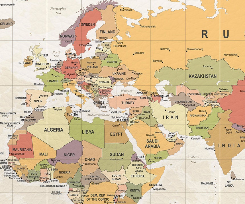 Detailed nations and borders world map wall art close up