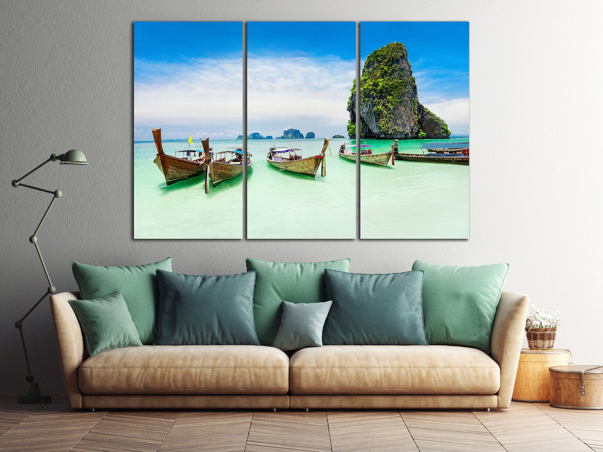 Phuket, Thailand Longtail Boats and the Sea Framed Canvas Leather Print