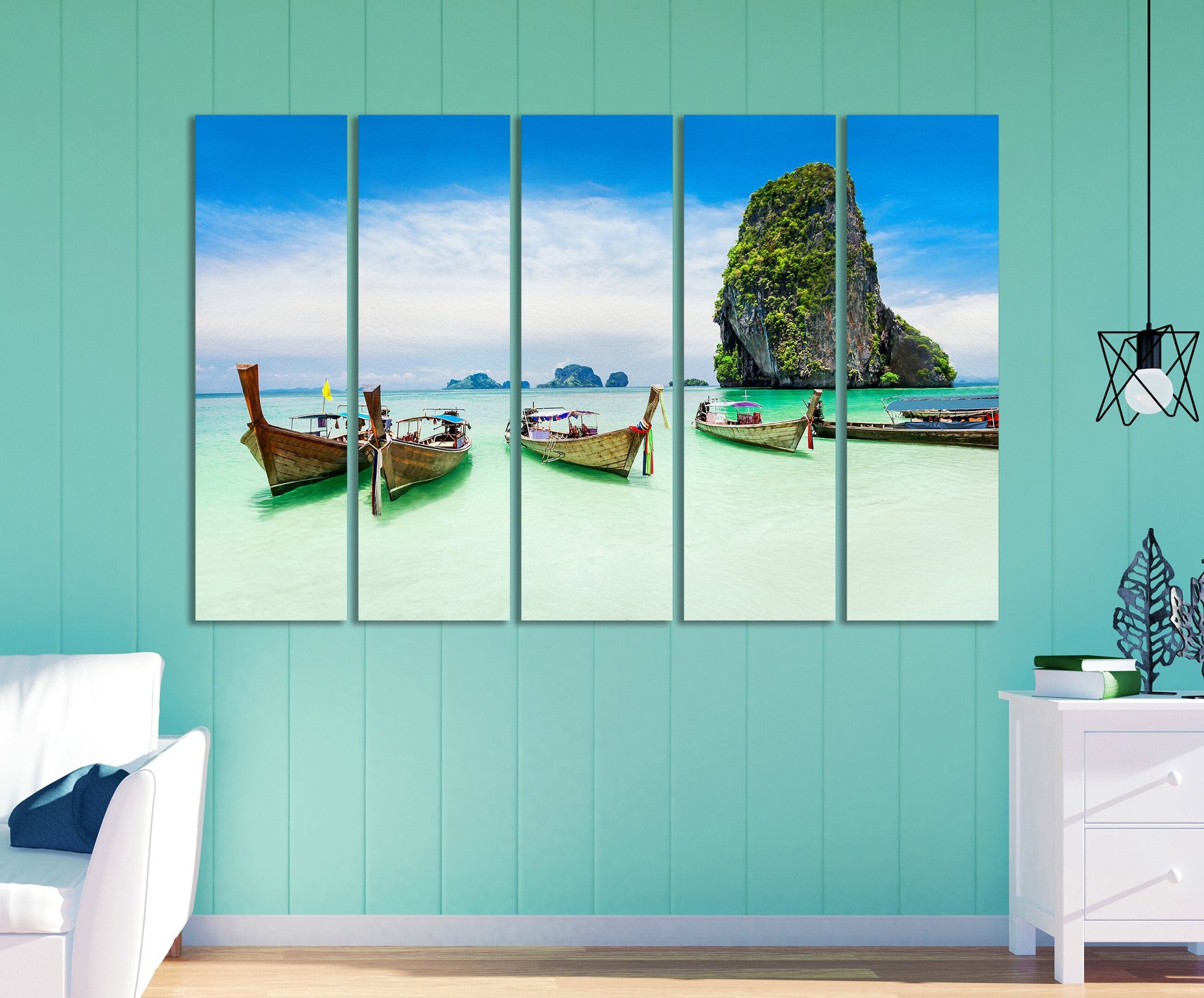 Phuket, Thailand Longtail Boats and the Sea Framed Canvas Leather Print