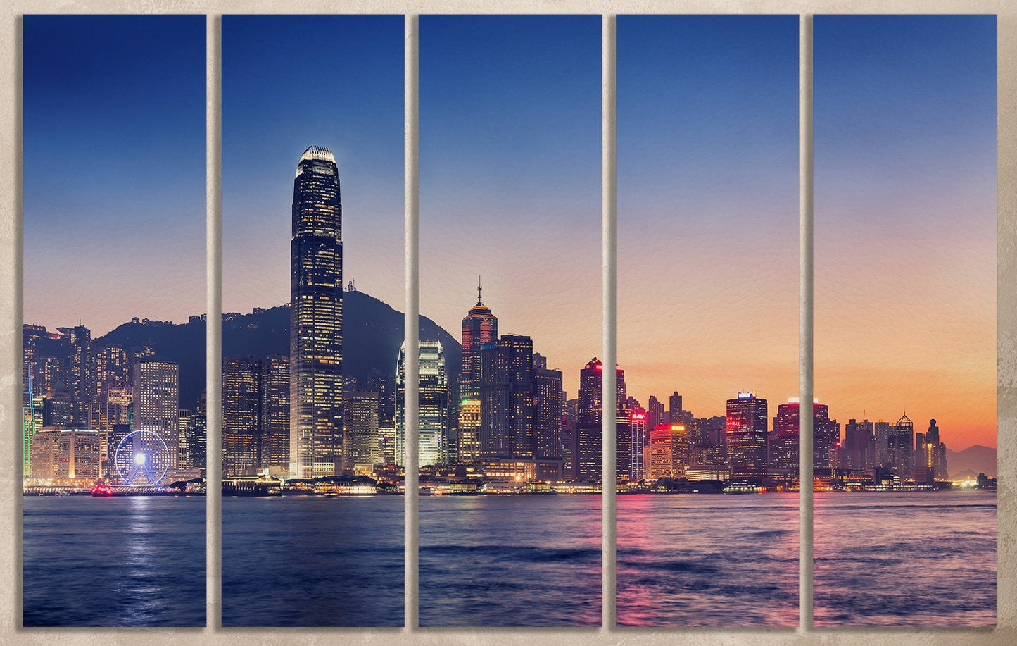 Hong Kong Island Downtown Skyline at Sunset Framed Canvas Leather Print