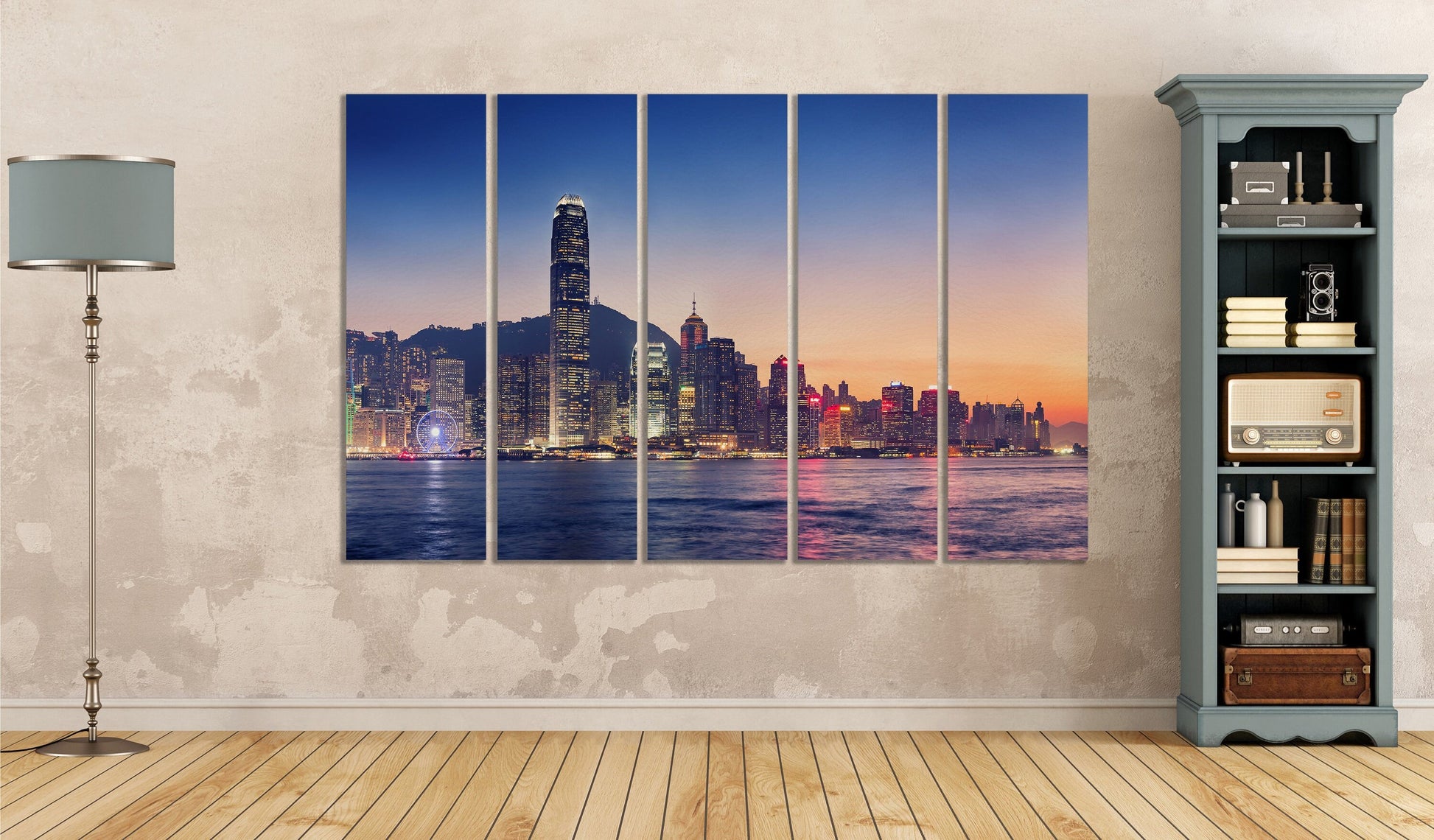 Hong Kong Island Downtown Skyline at Sunset Framed Canvas Leather Print