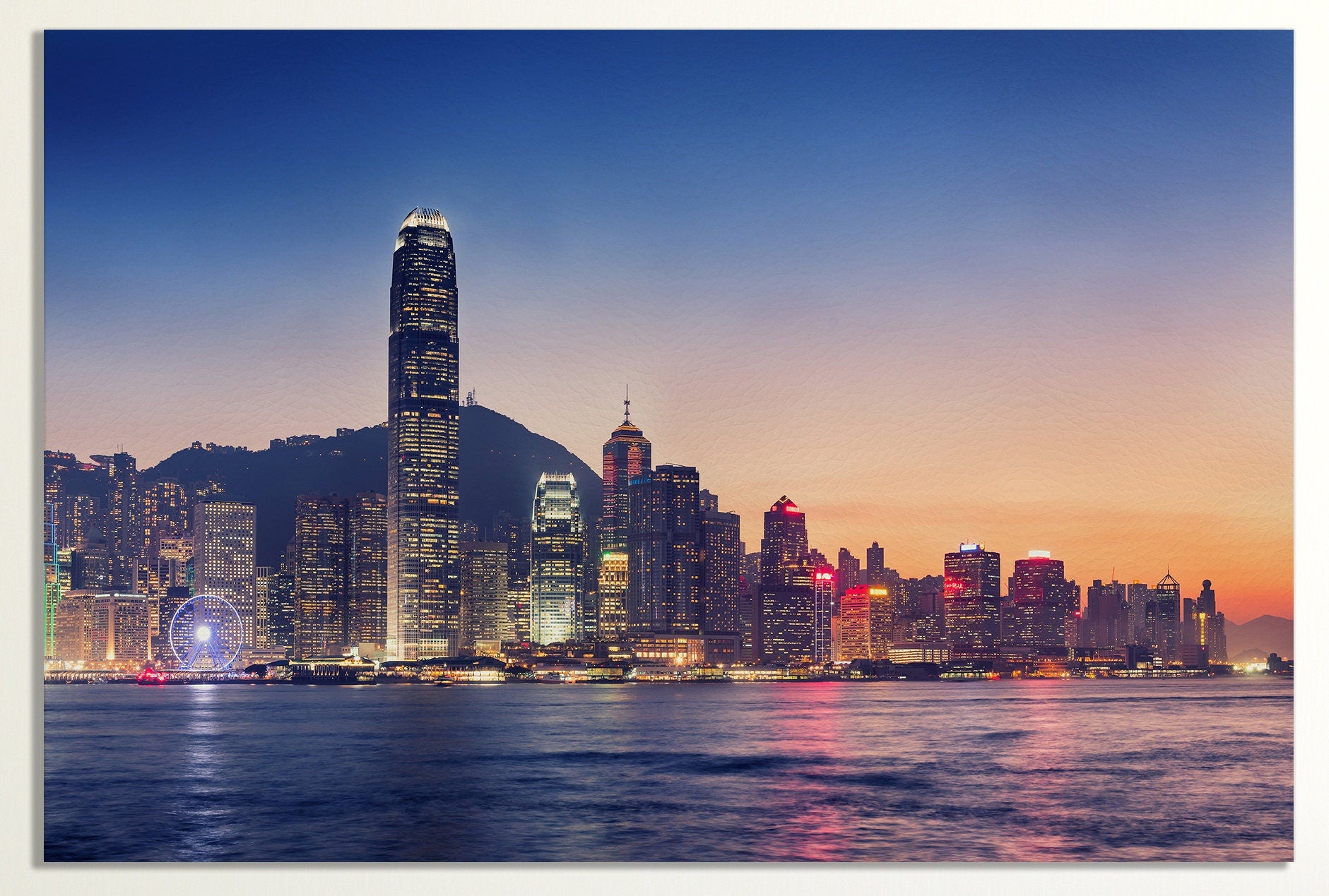 Hong Kong Island Downtown Skyline at Sunset Framed Canvas Leather Print