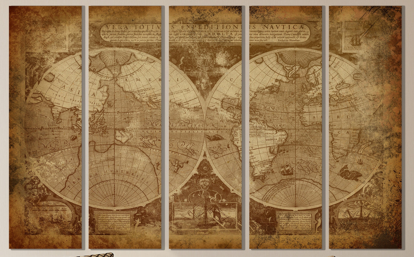 Vintage Old World Map in Hemispheres Canvas Leather Print