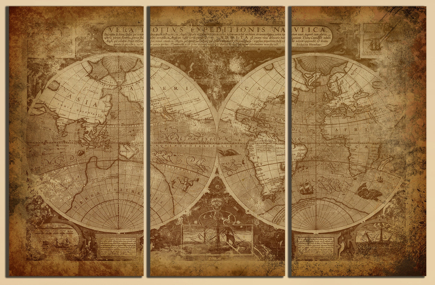 Vintage Old World Map in Hemispheres Canvas Leather Print