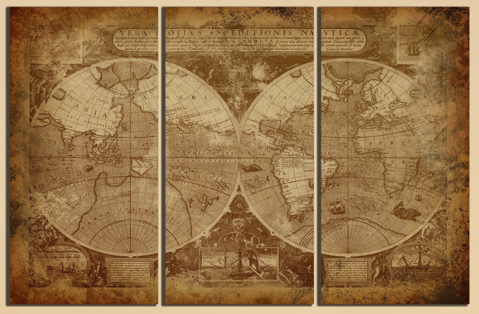 Vintage Old World Map in Hemispheres Canvas Leather Print