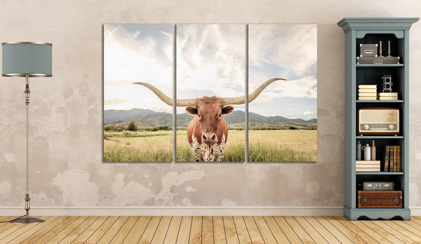 Texas Longhorn Steer Soft Tones Triptych Canvas Eco Leather Print Large