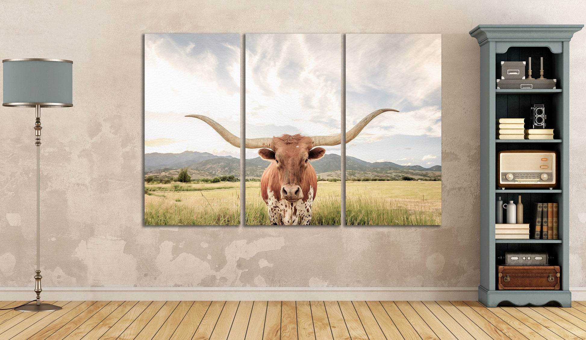 Texas Longhorn Steer Soft Tones Triptych Canvas Eco Leather Print Large