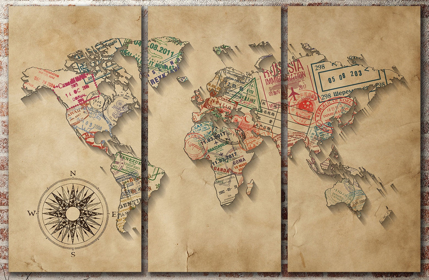 Passport Stamps World Map Leather Print