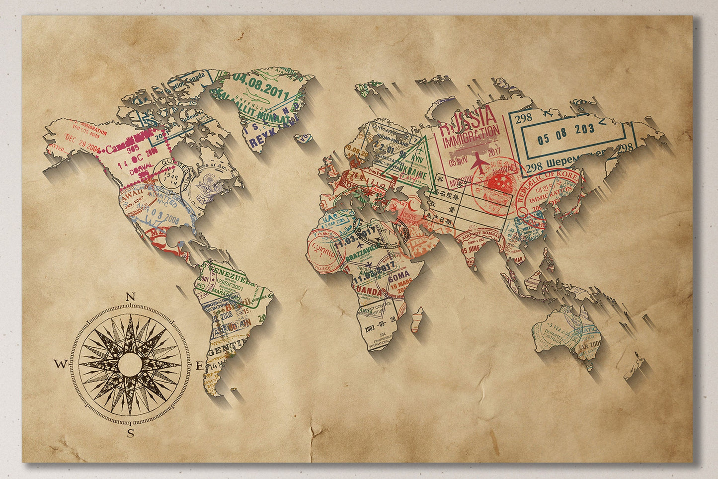 Passport Stamps World Map Leather Print