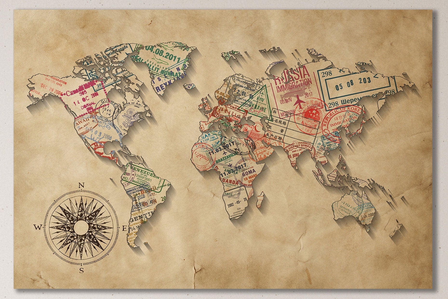 Passport Stamps World Map Leather Print