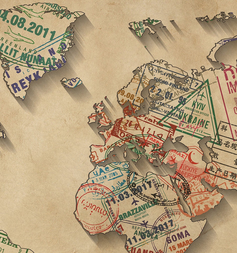 Passport Stamps World Map Leather Print