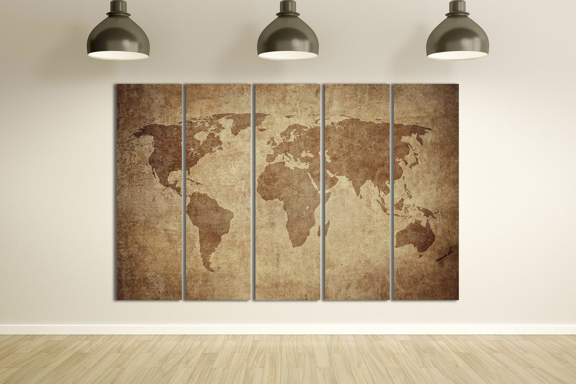 Large Brown Grunge World Map Framed Canvas Leather Print