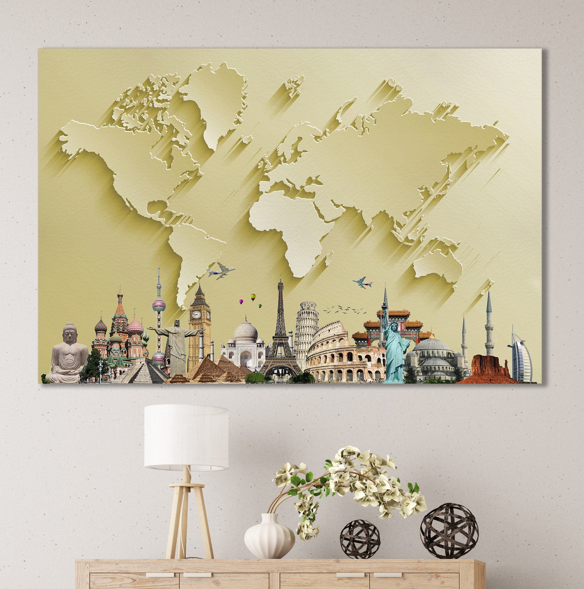 Gold World Map With Monuments Framed Canvas Leather Print