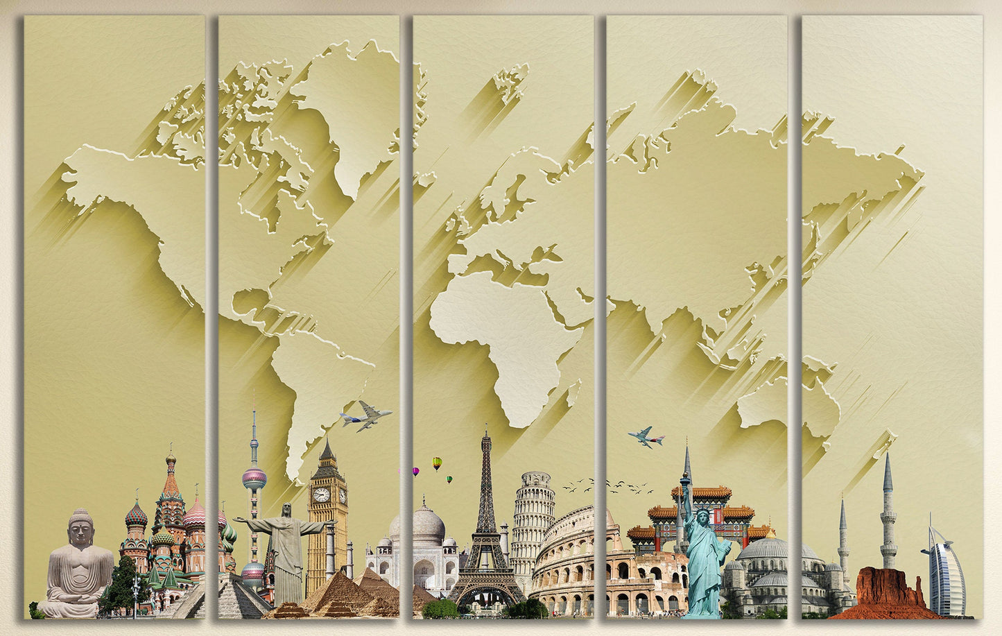 Gold World Map With Monuments Framed Canvas Leather Print