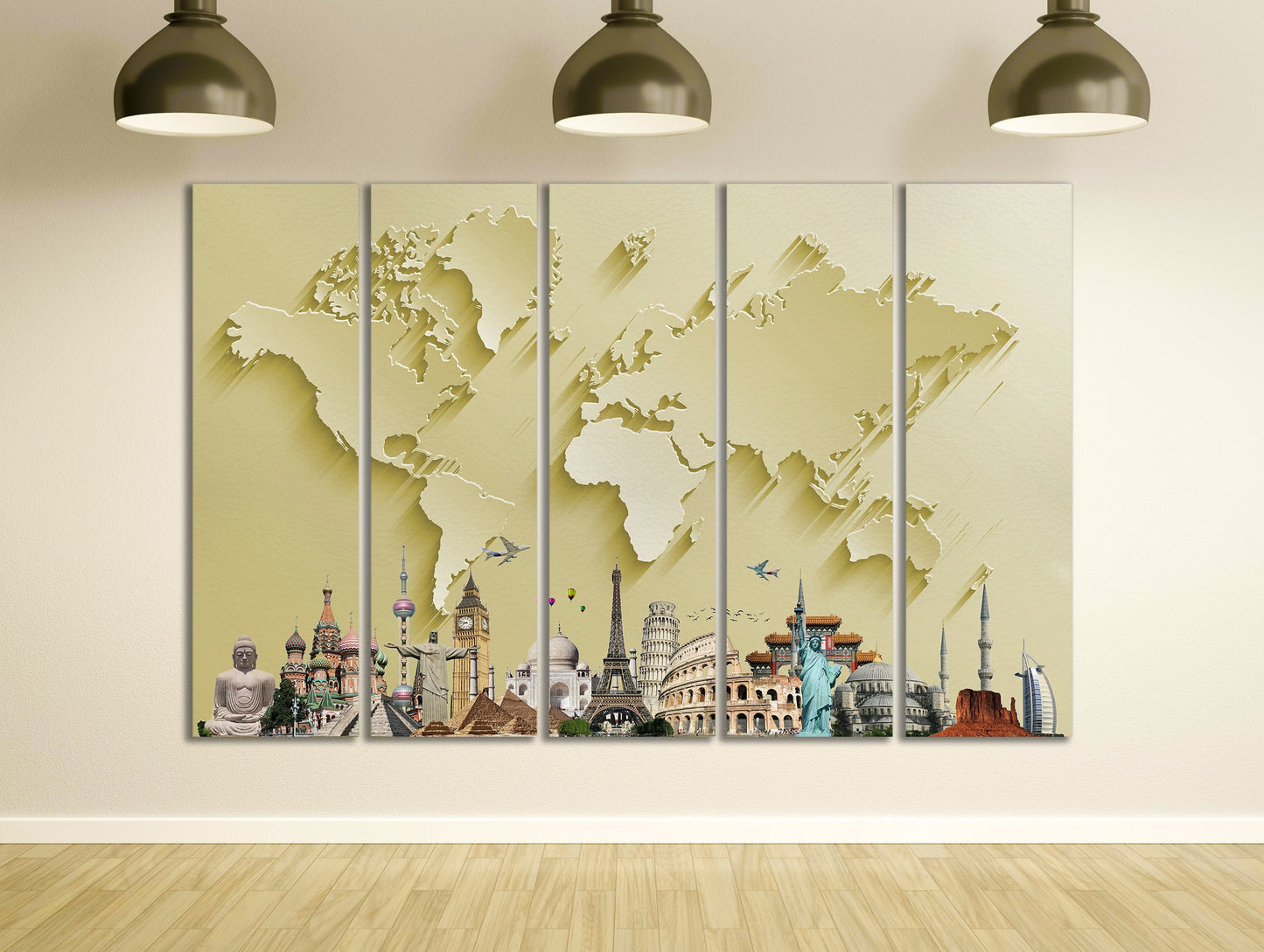 Gold World Map With Monuments Framed Canvas Leather Print