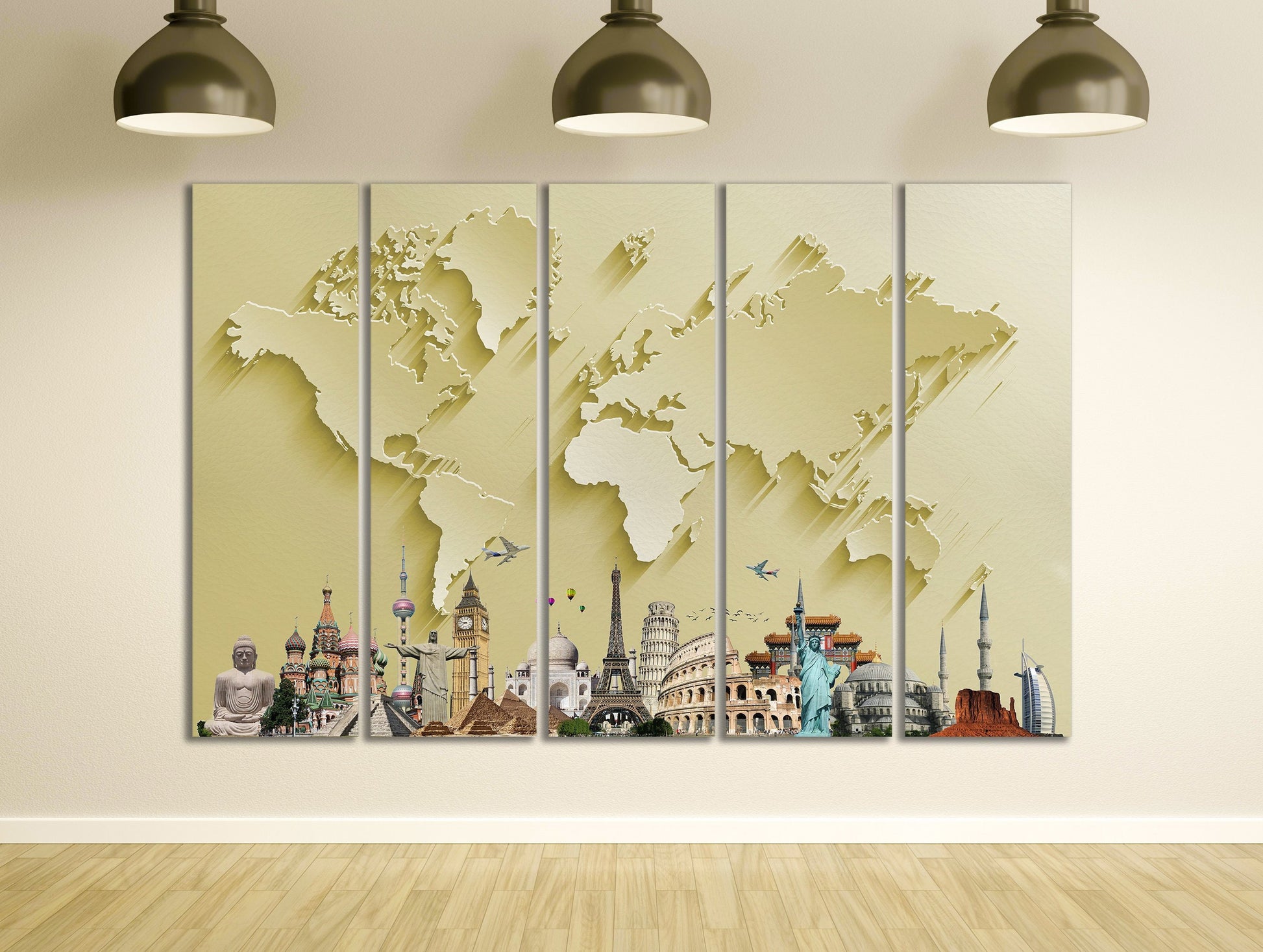 Gold World Map With Monuments Framed Canvas Leather Print
