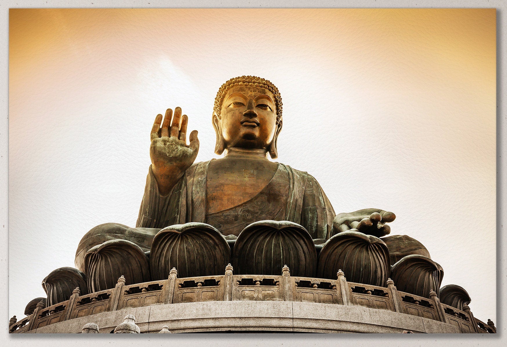 Tian Tan Buddha at Po Lin Monastery in Hong Kong Framed Canvas Leather Print
