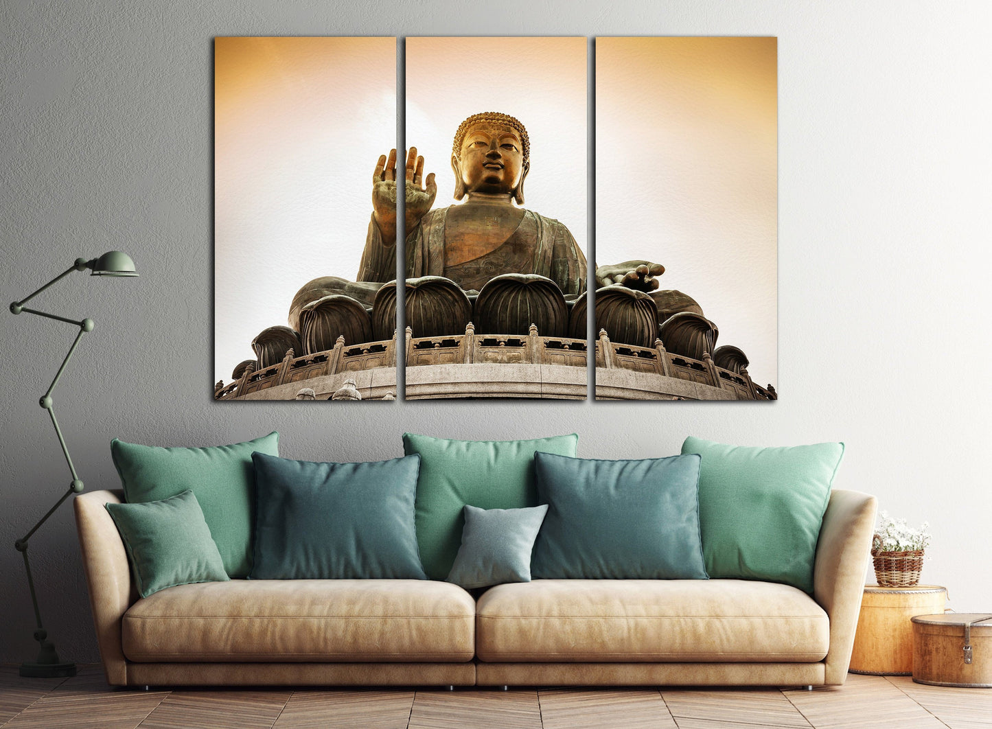 Tian Tan Buddha at Po Lin Monastery in Hong Kong Framed Canvas Leather Print