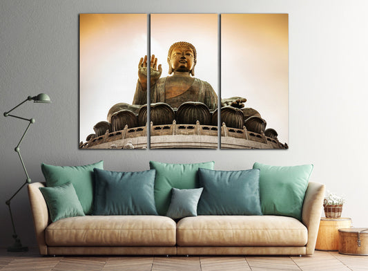 Tian Tan Buddha at Po Lin Monastery in Hong Kong Framed Canvas Leather Print