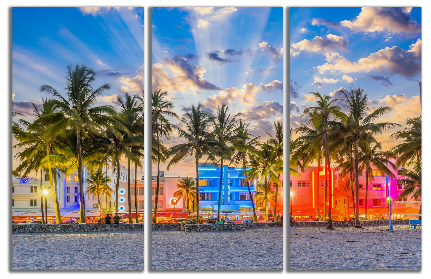 South Beach Miami Sunset in Ocean Drive Canvas Eco Leather Print Made in Italy