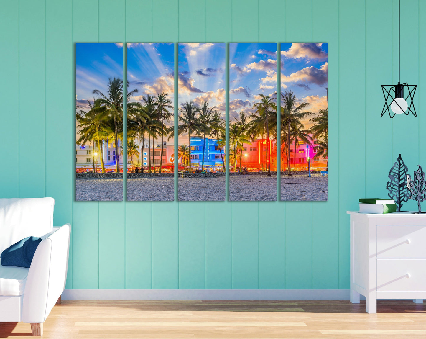 South Beach Miami Sunset in Ocean Drive Canvas Eco Leather Print Made in Italy