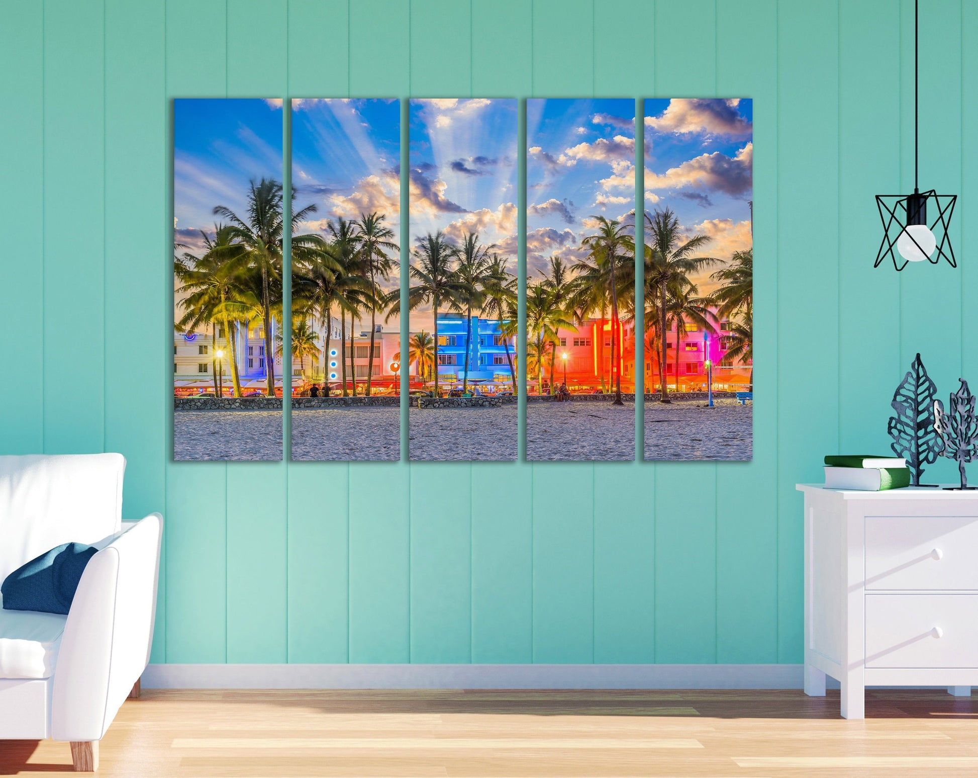 South Beach Miami Sunset in Ocean Drive Canvas Eco Leather Print Made in Italy
