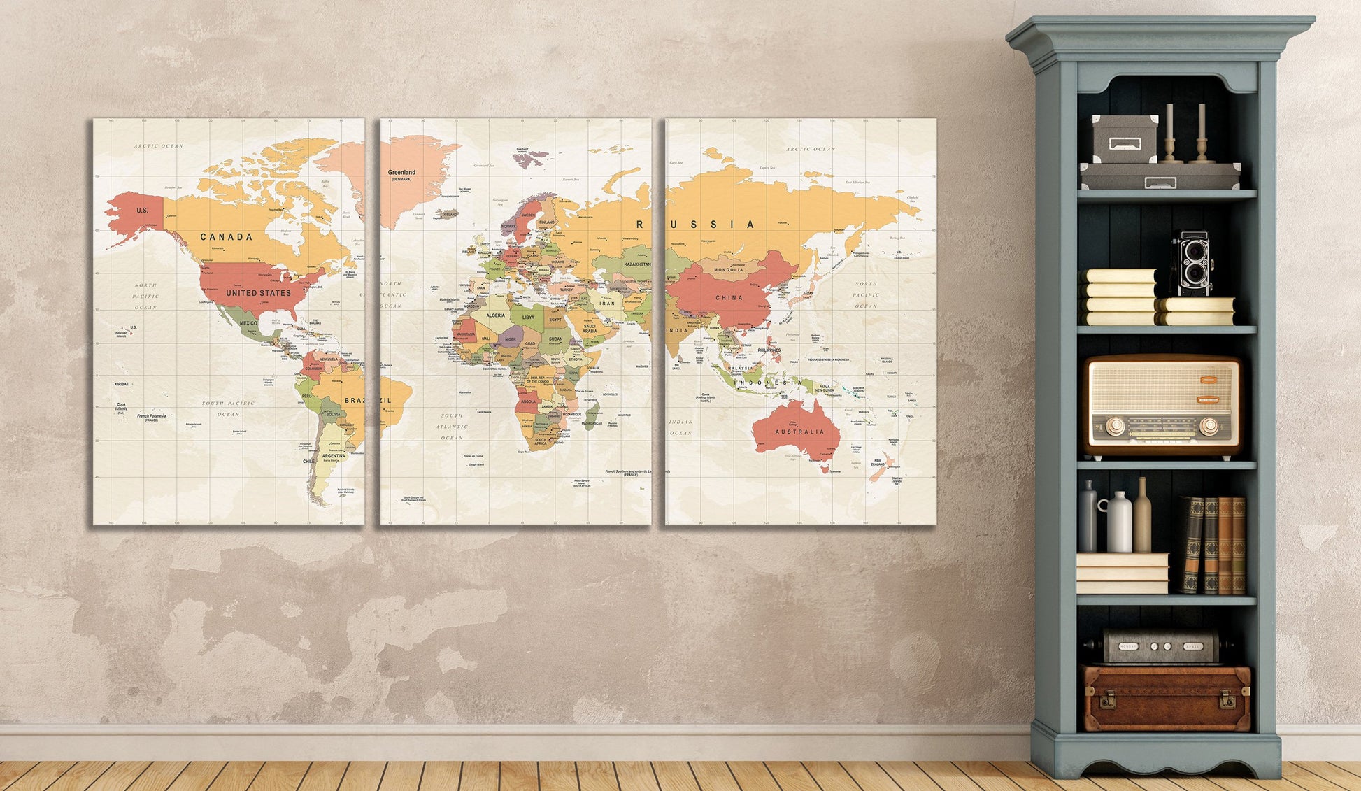 Detailed nations and borders world map wall art home decor