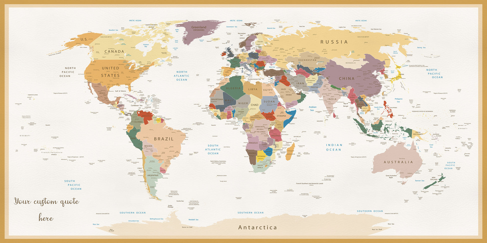 Push Pin Detailed World Map Vintage + Custom Quote Framed Canvas Leather Print